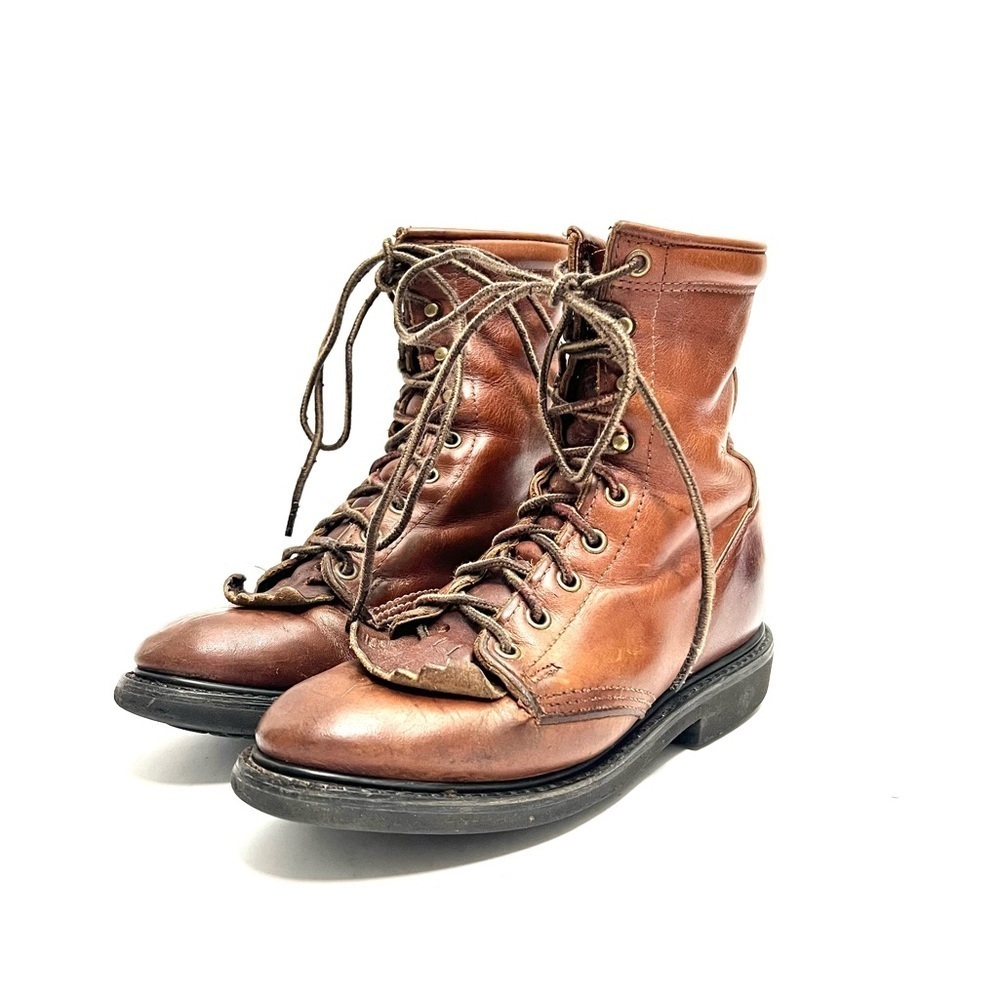 Vintage 1990s women's brown leather kiltie fringe lace up thick sole roper boots